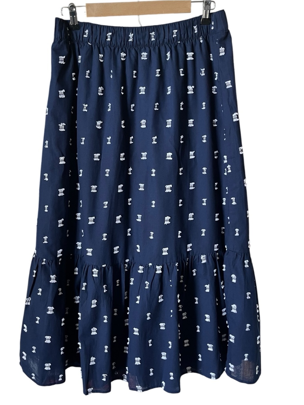 LOFT Ann Taylor Navy Embroidered Tiered Prairie Cotton Boho Maxi Skirt Petite L